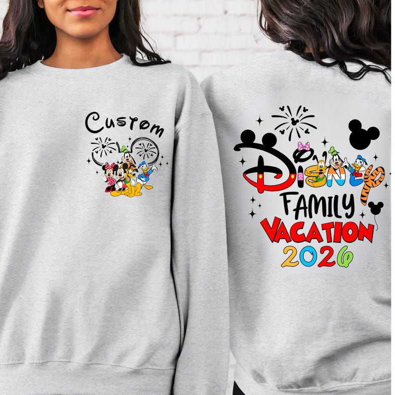 Custom Name Mickey and Friends Family Vacation Kids Sweatshirt, Theme Park Matching Trip Hoodie A. Heather Gray