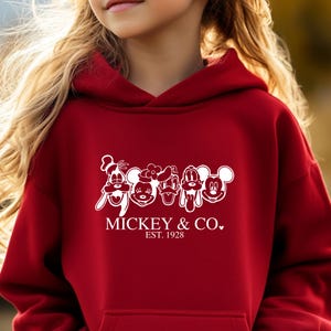 May include: Red hooded sweatshirt with a white graphic of Mickey Mouse, Minnie Mouse, Donald Duck, Goofy, and Pluto. The graphic includes the text "Mickey & Co. EST. 1928".