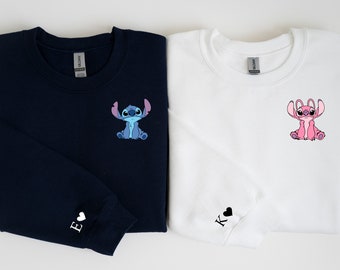 Stitch and Angel Personalized Hoodie, Anniversary Hoodie, Custom Couple Sweatshirt, Stitch Angel Valentines Sweatshirt, Disneyland Couple