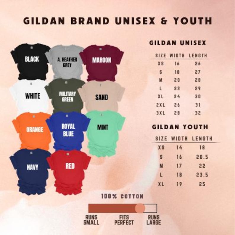 Op de afbeelding: Afbeelding van Gildan unisex en jeugd t-shirts in verschillende kleuren, waaronder zwart, wit en rood. Maattabellen voor unisex en jeugd maten zijn inbegrepen, met afmetingen in inches. De shirts zijn gemaakt van 100% katoen. De tekst geeft aan dat de shirts klein vallen.
