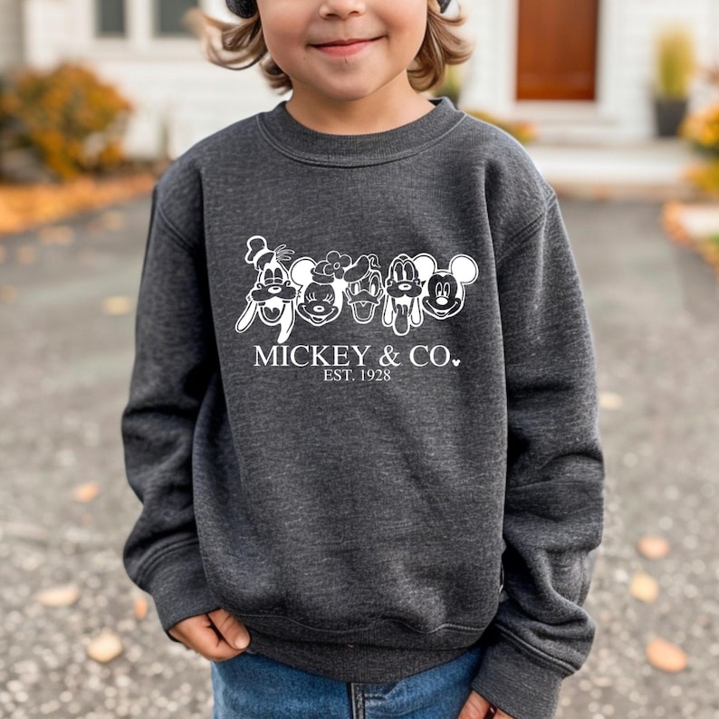 May include: A dark gray sweatshirt with a white graphic of Mickey Mouse, Minnie Mouse, Donald Duck, Goofy, and Pluto. The graphic includes the text "Mickey & Co. Est. 1928".