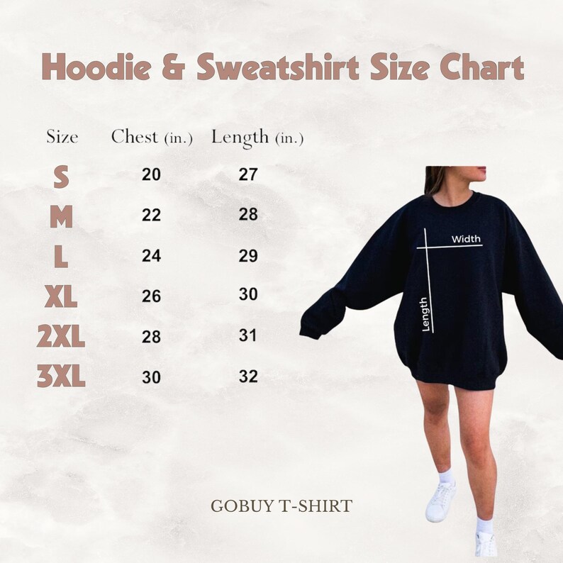 May include: A size chart for hoodies and sweatshirts with measurements in inches. The chart shows the chest and length measurements for sizes S, M, L, XL, 2XL, and 3XL. A black sweatshirt is shown on a model.