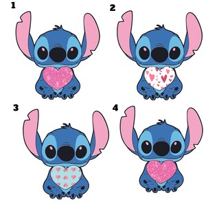 May include: Four variations of a blue cartoon character holding a heart. The hearts are pink with glitter, pink with white hearts, blue with pink hearts, and pink with white hearts. The character has large blue eyes and pink ears.