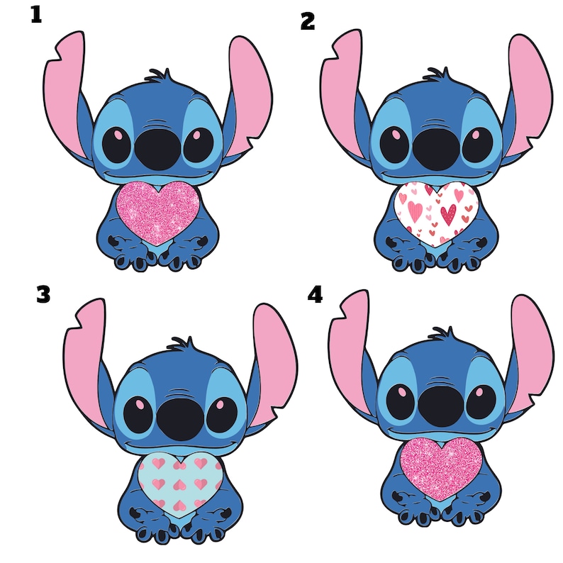 May include: Four variations of a blue cartoon character holding a heart. The hearts are pink with glitter, pink with white hearts, blue with pink hearts, and pink with white hearts. The character has large blue eyes and pink ears.