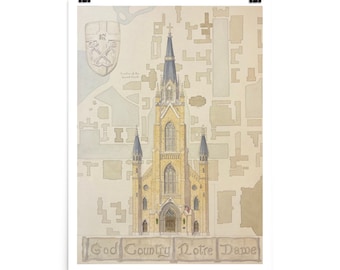 Impresión de la Basílica de la Universidad de Notre Dame, mapa del campus al fondo.