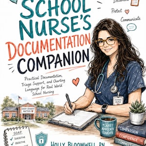 Könnte beinhalten: Ein Buchcover mit dem Titel The School Nurse's Documentation Companion von Holly Bloomwell, RN. Die Illustration zeigt eine Pflegekraft, die in ein Notizbuch schreibt, eine Tasse mit der Aufschrift Care Advocate Educate, Bücher und eine Schule.