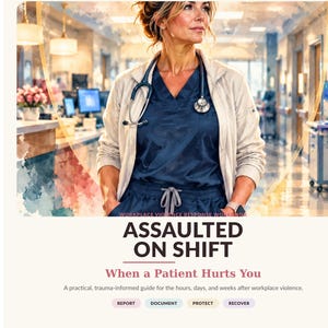 May include: A digital guide titled Nurse Holly Studio The Schoolside Shift, Assaulted on Shift: When a Patient Hurts You. The cover features a healthcare professional in navy scrubs and a light jacket with a stethoscope, plus buttons for Report, Document, Protect, Recover.