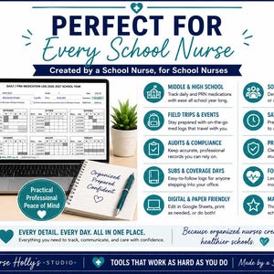 May include: A digital school nurse medication log template displayed on a laptop screen, accompanied by a teal mug with text, a stethoscope, a small potted plant, and a notebook with a pen. The graphic includes text detailing features for school nurses.