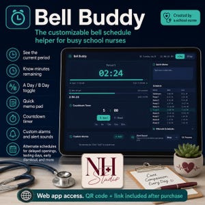 Puede incluir: Una tableta digital muestra la interfaz de la aplicación web Bell Buddy con un tema oscuro, incluyendo un horario escolar, temporizador y bloc de notas. Junto a ella hay un estetoscopio, un logo cuadrado, un portapapeles y una suculenta.