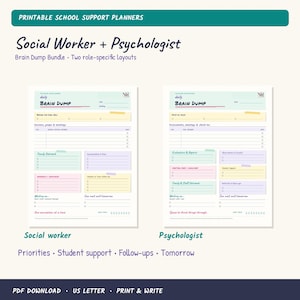 Könnte beinhalten: Ein druckbares Schulplaner-Set mit zwei verschiedenen Layouts für Sozialarbeiter und Psychologen. Jede Seite enthält Abschnitte für tägliche Notizen, Besprechungen, Familienkontakte und Nachverfolgungen in einem farbenfrohen, strukturierten Design.