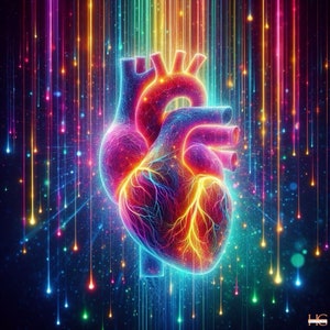 Può includere: Un'illustrazione vibrante e colorata di un cuore umano con linee luminose e uno sfondo di luci colorate che cadono.