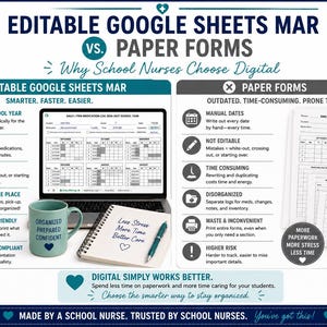 May include: A comparison infographic titled Editable Google Sheets MAR vs. Paper Forms. It features a laptop displaying a digital medication log, a teal mug with text, and a spiral notebook with a pen, contrasted against a stack of paper forms.