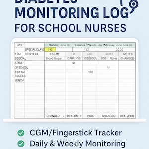 May include: Editable diabetes monitoring log for school nurses. The log includes a table with columns for day, special class, start of school, blood sugar, carb IOB, IOB BOLU, IOB, notes, and changed. The log also includes a section for CGM/Fingerstick Tracker, Daily & Weekly Monitoring, and Google Sheet Compatible. The log is designed to keep students safe and ensure continuity of care.