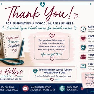 May include: A digital download advertisement for school nurse tools featuring a white mug with pens, a notebook, and a stethoscope. Text includes Thank You, Nurse Holly's Studio, and various bullet points about organizational resources for school nurses.