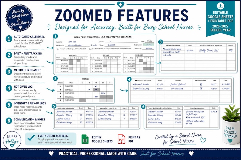May include: A digital template for a 2026-2027 school year medication log, featuring sections for daily and PRN tracking, medication changes, missed doses, inventory, and communication notes. The layout includes tables, calendars, and instructional text.