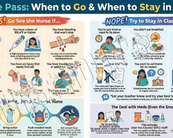 May include: A colorful infographic titled "Nurse Pass: When to Go & When to Stay in Class." It provides guidance on when to seek medical attention and when to remain in class, with illustrations and text. Includes information on medication and school policies.