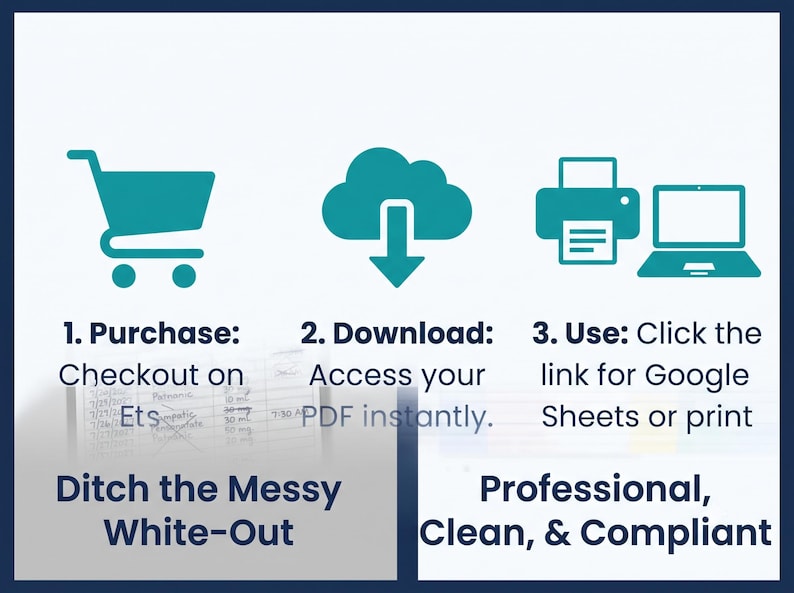 May include: A three-step instructional graphic with teal icons: a shopping cart, a cloud with a downward arrow, and a printer next to a laptop. Text reads: 1. Purchase: Checkout on Etsy, 2. Download: Access your PDF instantly, 3. Use: Click the link for Google Sheets or print. Ditch the Messy White-Out. Professional, Clean, & Compliant.