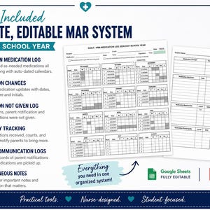May include: A complete, editable 2026-2027 school year medication administration record system. The document includes a daily and PRN medication log, medication changes, medication not given log, inventory tracking, parent communication logs, and miscellaneous notes. It is available as a Google Sheets file and a printable PDF.