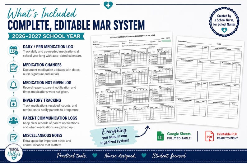 May include: A complete, editable 2026-2027 school year medication administration record system. The document includes a daily and PRN medication log, medication changes, medication not given log, inventory tracking, parent communication logs, and miscellaneous notes. It is available as a Google Sheets file and a printable PDF.