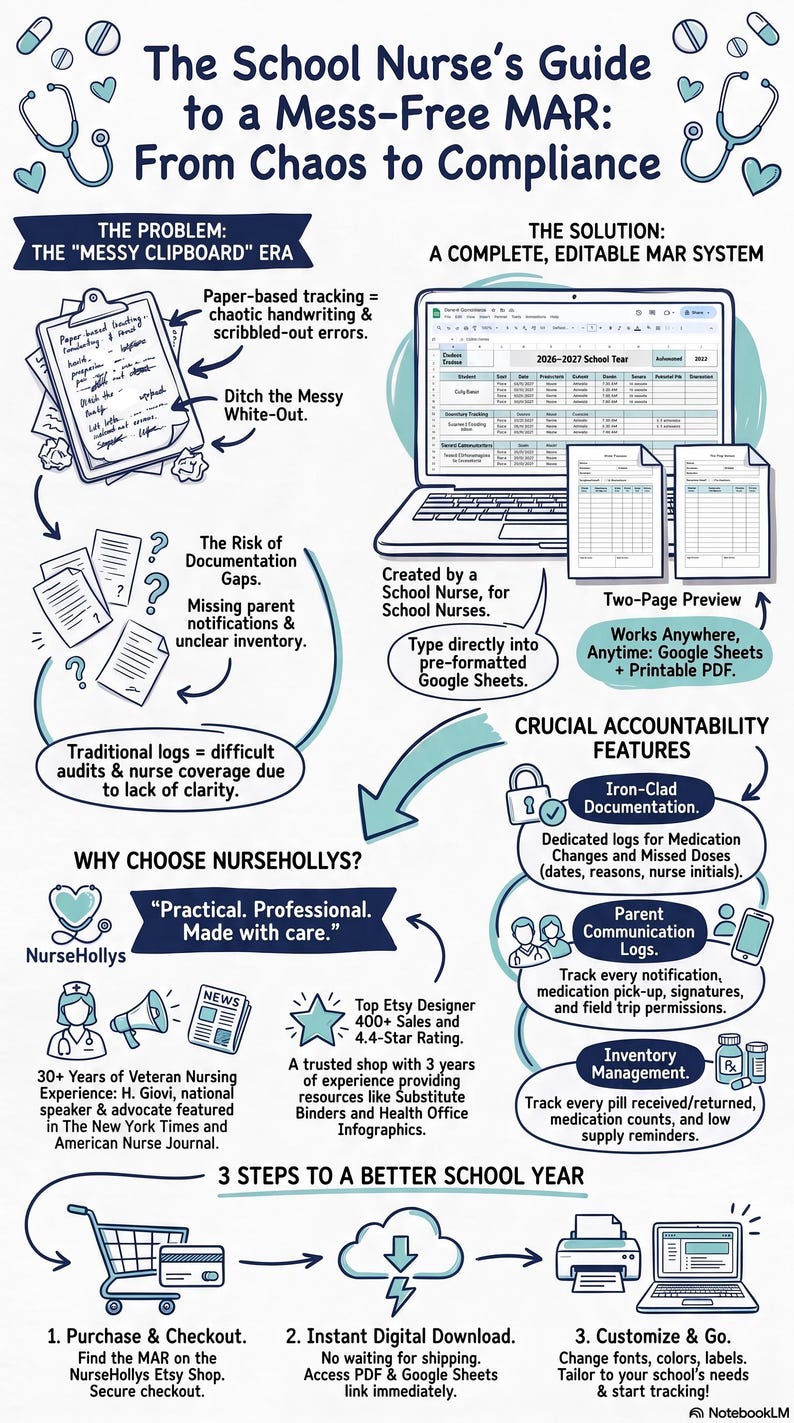 May include: An infographic titled The School Nurse's Guide to a Mess-Free MAR: From Chaos to Compliance. It illustrates the transition from paper-based tracking to a digital system, featuring icons, text, and a three-step process for digital download.