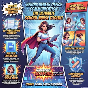 May include: A digital school nurse toolkit bundle featuring a central illustration of a nurse in a superhero cape holding a tablet. The graphic includes text panels detailing 30+ professional templates, Google Docs compatibility, and a 4-step setup guide.