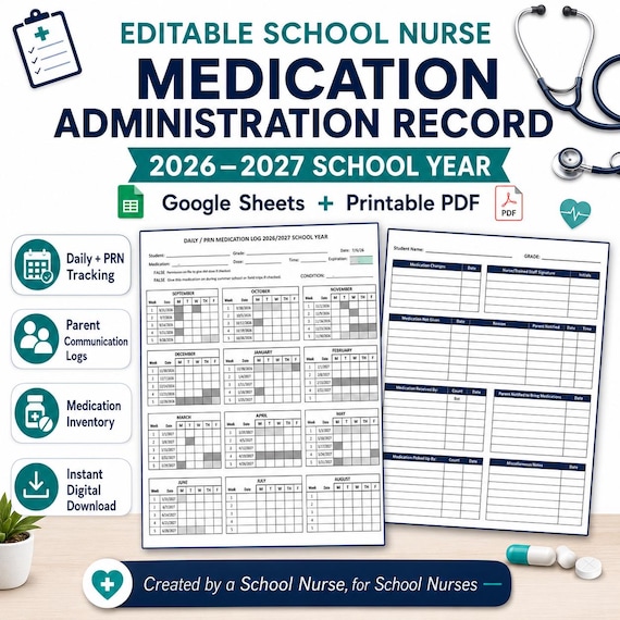 Editable School Nurse Medication Log | Google Sheets MAR Tracker | 2026-2027 School Year