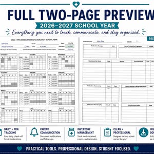 May include: A two-page 2026-2027 school year medication log template featuring a calendar view on the first page and detailed tracking tables on the second page. The document includes fields for student information, medication details, and staff signatures.