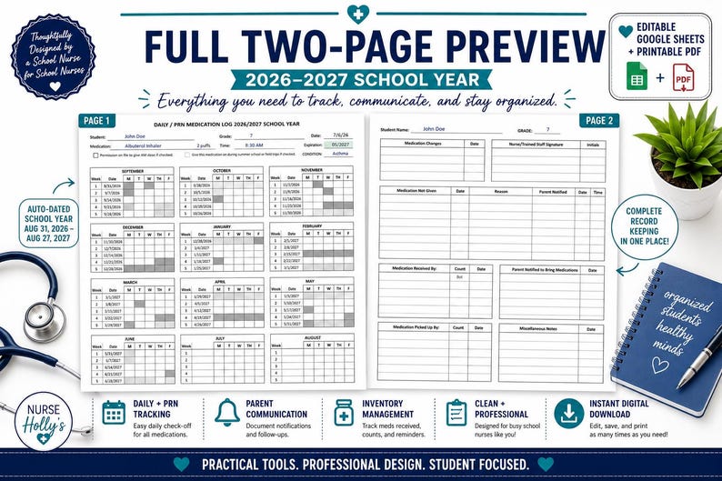 May include: A two-page 2026-2027 school year medication log template featuring a calendar view on the first page and detailed tracking tables on the second page. The document includes fields for student information, medication details, and staff signatures.