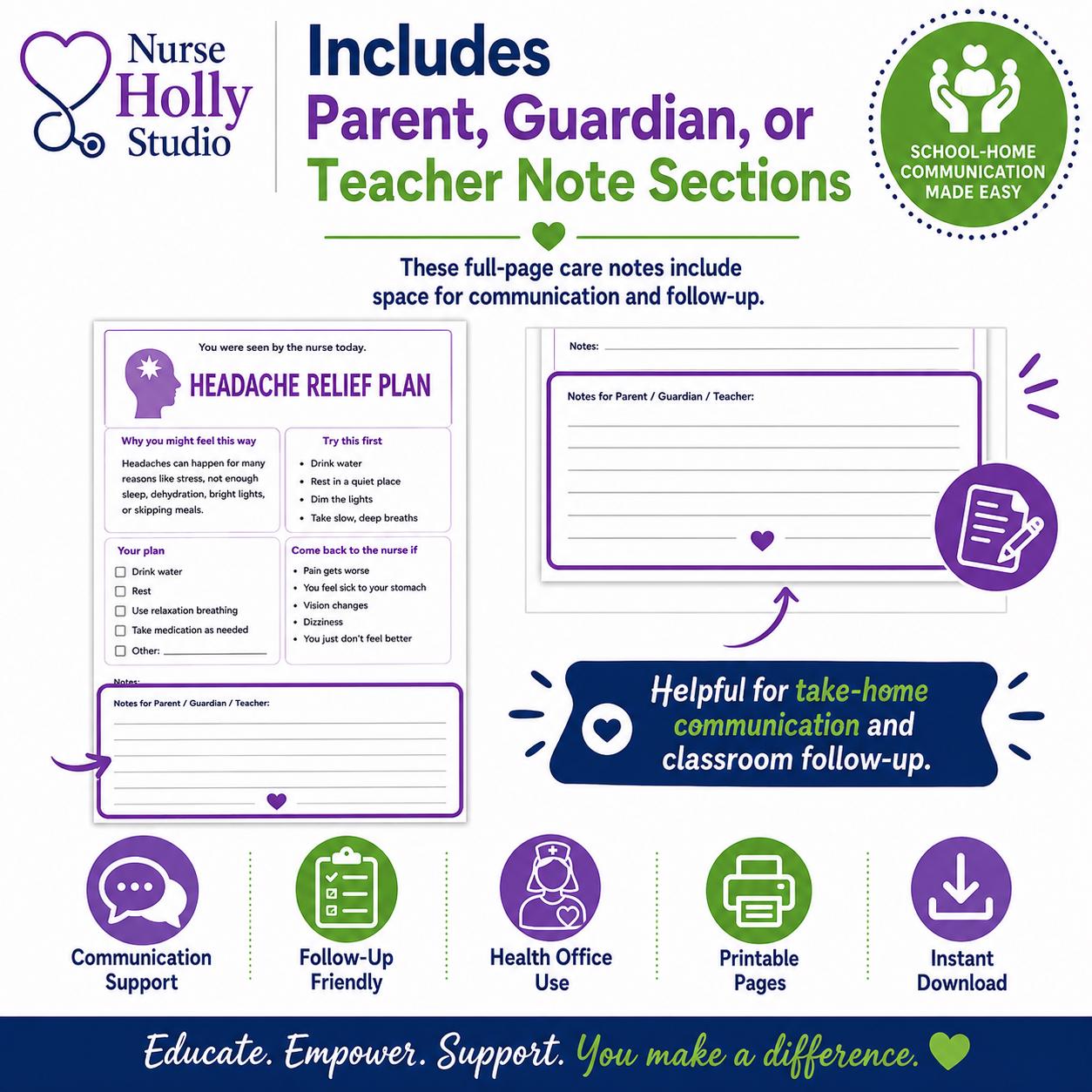 Student Nurse Visit Care Notes | School Health Office Take-home Sheets ...