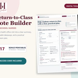 May include: A digital toolkit for school nurses titled Return-to-Class Note Builder, featuring a software interface for creating care notes, 117 bonus printables including 63 handouts and 54 brochures, and an included access code for the system.