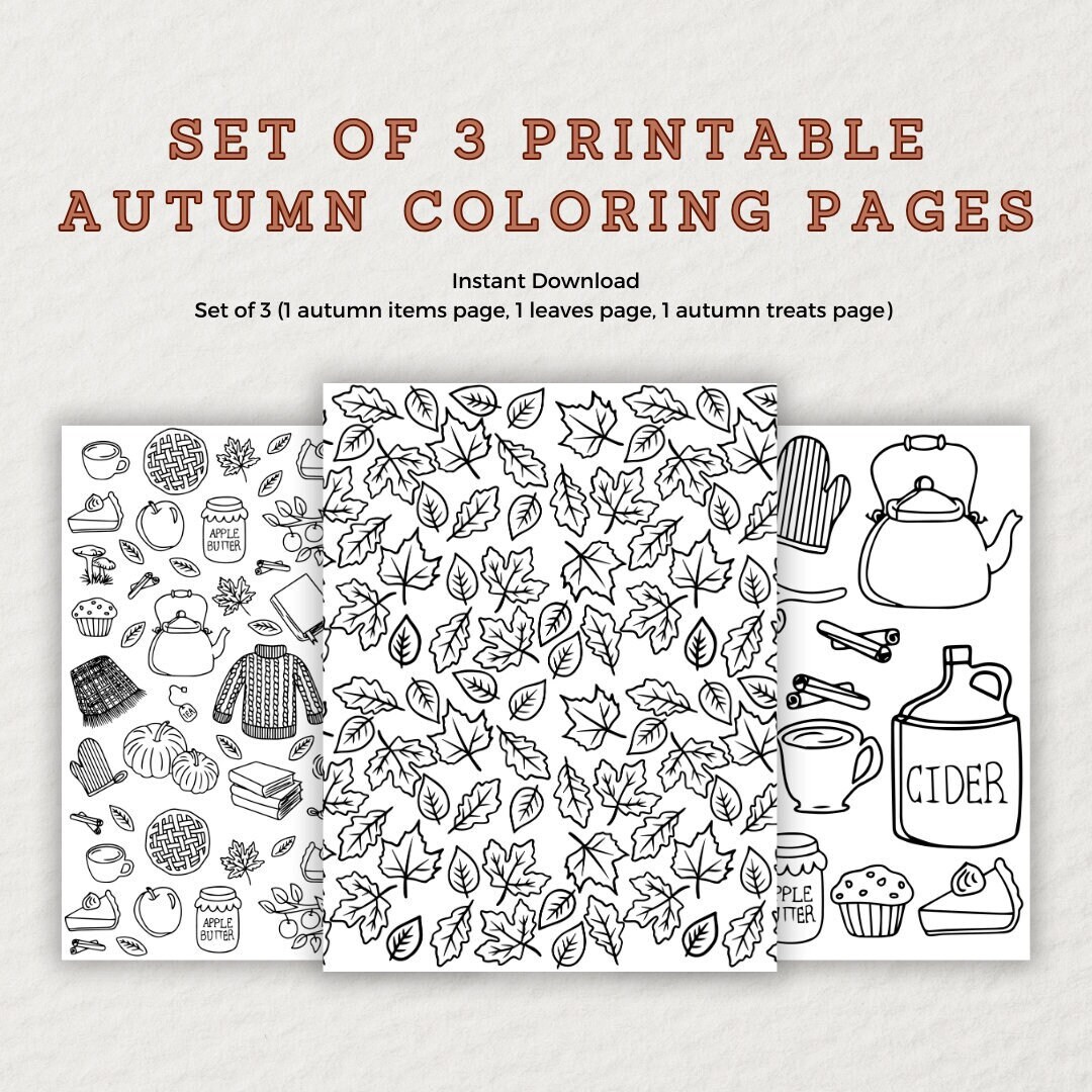 Cozy Autumn Coloring Pages set of 3 Etsy