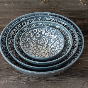 Handmade Patterned Ceramic Bowl Set of 4, Turkish Ceramic Bowl, Handmade Ceramic, Ceramic Serving Bowls, Handmade Tableware