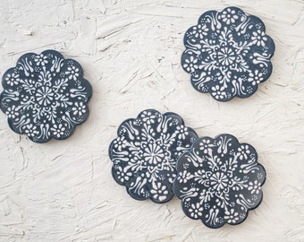 Ceramic Coasters Set of 4, Turkish Ceramics, Ceramic Table Decor, Patterned Ceramic Decor Coasters, Handmade Coasters, Small Gift Ideas