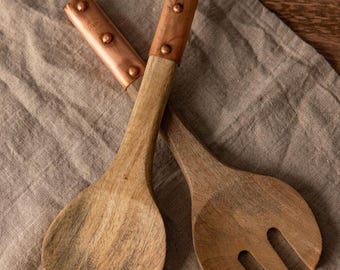 Vintage Inspired Wood Serving Utensils with Copper Strap Handles