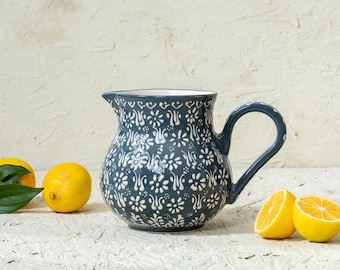 Hand Painted Ceramic Pitcher, Water Pitcher, Milk Pitcher, Pitcher Vase, Farmhouse Pitcher, Handmade Ceramic Pitcher, Figure Painted Vase