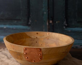 Vintage Inspired Wooden Serving Bowl with Handmade Copper Details