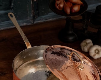 Copper Vintage Inspired Saute Pan with Two Size Option, Copper Pan with Brass Lid, Solid Copper Cookware, Copper Kitchen, Copper Chef Pan