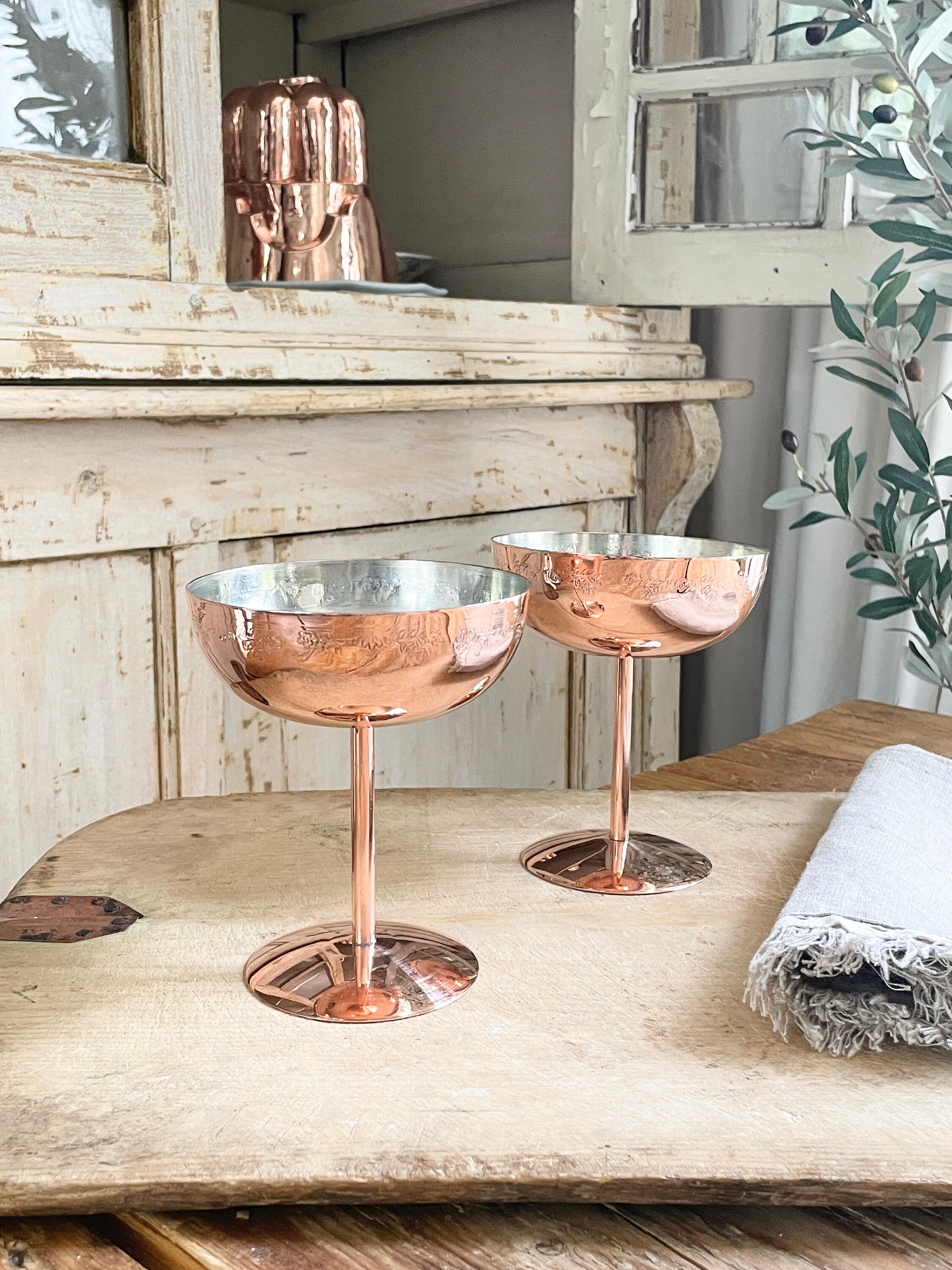 Copper Vintage Inspired Coupe Glass Set of 2, Copper Martini Glass, 7th Anniversary Gift, Housewarming Gift, Cocktail Glass