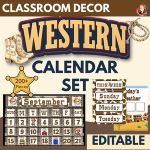 Western Classroom Kalenderset Cowboy Thema | Bewerkbare kalenderkaarten, maanden, weerkaart, schooldagen-tracker, rustiek decor