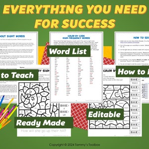 May include: Printable worksheets for teaching sight words. The worksheets feature a color-by-code activity with a picture of a rhinoceros. The text "Everything You Need For Success" is at the top of the page. The worksheets are editable and ready-made.