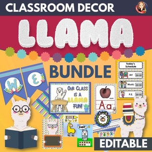 Lot de décorations pour salle de classe lama modifiable, tableau d'affichage pour la classe sur le thème du lama, bannière, horaire des cours, affiches de lama