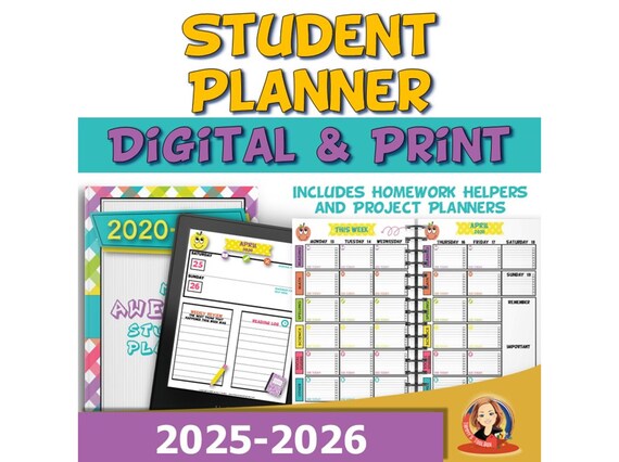 Student Planner and Agenda - Printable and Digital 2025-2026 with Free Updates - Elementary Assignment Book, Homework Tracker, Calendar