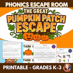 Puede incluir: Una actividad imprimible de Phonics Escape Room titulada The Great Pumpkin Patch Escape, con ilustraciones de calabazas naranjas, hojas de tareas con códigos alfabéticos, ejercicios de fonética y una historia para los grados K-3.