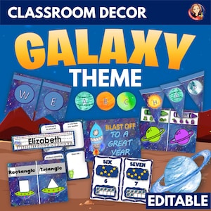 Galaxy Outer Space Theme Classroom Decor, Printable and Editable Class Decor, Planets Space Theme Bulletin Boards, Classroom Organization