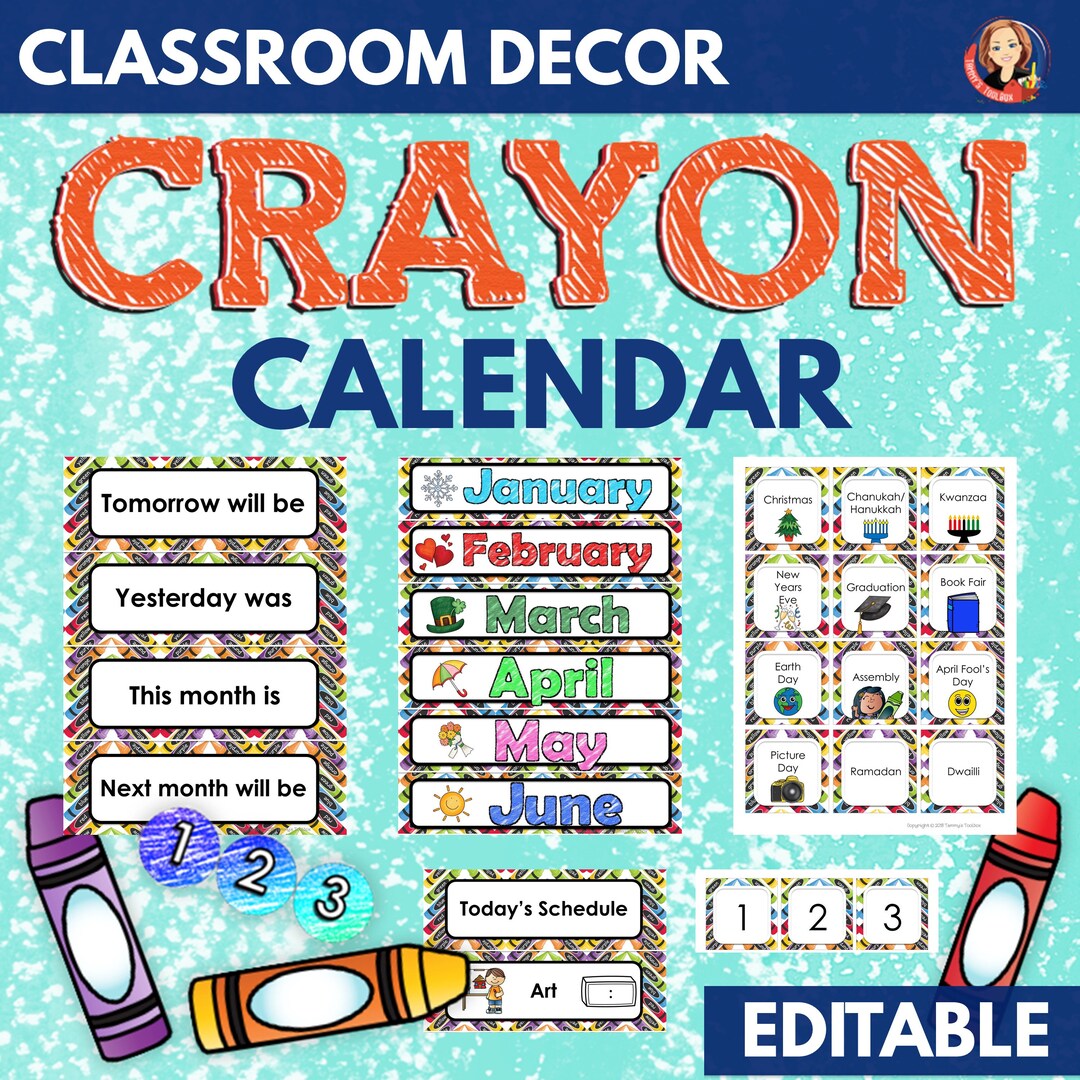 editable-classroom-calendar-in-crayon-theme-crayon-classroom-decor-class-calendar-display-daily-schedule-cards-class-schedule-etsy