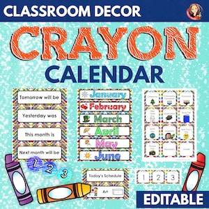 Calendario de aula editable en tema Crayon, decoración del aula de Crayon, visualización del calendario de clases, tarjetas de horario diario, horario de clases