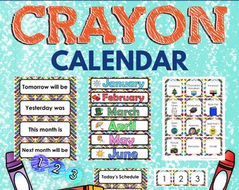 Editable Classroom Calendar in Crayon Theme, Crayon Classroom Decor, Class Calendar Display, Daily Schedule Cards, Class Schedule