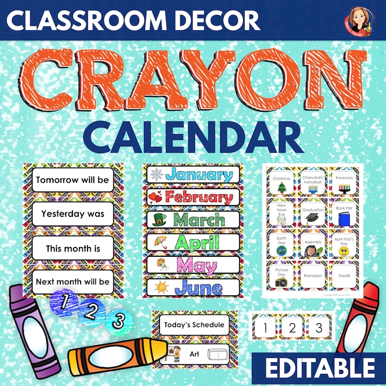 Editable classroom calendar in a crayon theme etsy