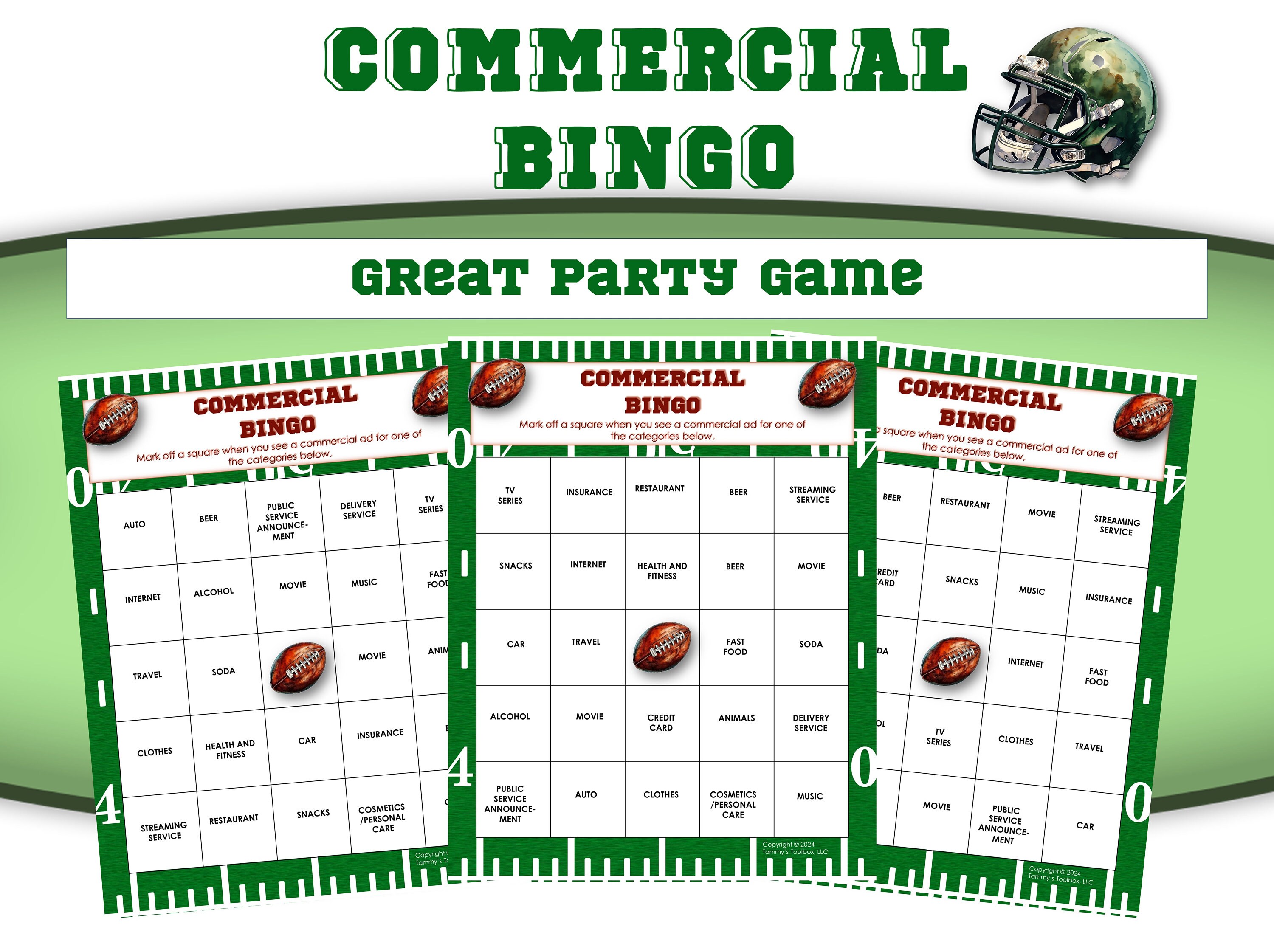 The Big Football Game Commercials Bingo, 30 Printable Bingo Game Cards for Football Parties to