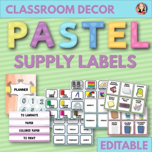 May include: A collection of pastel-colored classroom supply labels. The image features labels for various items like paper, index cards, and stamps. The word "PASTEL" is prominently displayed, along with the text "CLASSROOM DECOR" and "SUPPLY LABELS". The word "EDITABLE" is also visible.